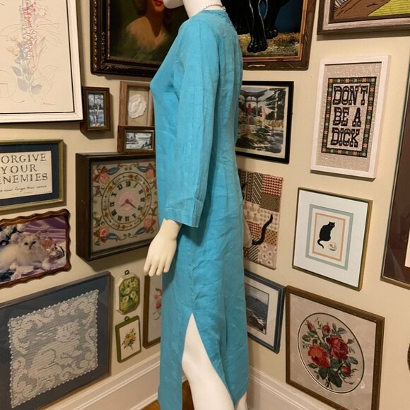 Talbots Pure Irish Linen Turquoise Dress With Embroidered Neckline Size 4P - Picture 3 of 5